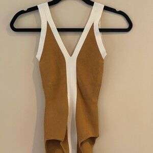 SANDRO Paris Nate Two-Toned Contrast-Trim Knitted Bodysuit In Ocre
